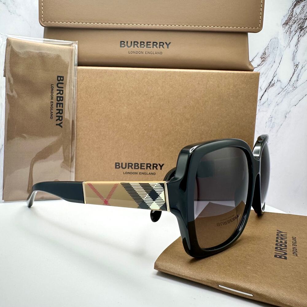 New Burberry Sunglasses Black Square Frames Checkered Arms Gradient BURBERRY - Picture 8 of 16